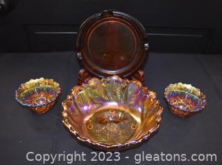 Indian Wild Rose Amber Carnival Glass Bowl and Taper Candle Holders - Amber Cigar Ash Tray [Entry Way]